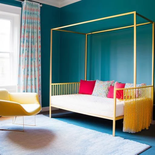 ,bedroom,,,blue,yellow,red,white,pink,cyan,green,gleaming diamond palace with golden accents , radiating light, amidst brilliance, glittering professional photography, macro, natural lighting, ,happy,sky,flower ,water,,chair,canopy,glitter,luster,rug,window,silk