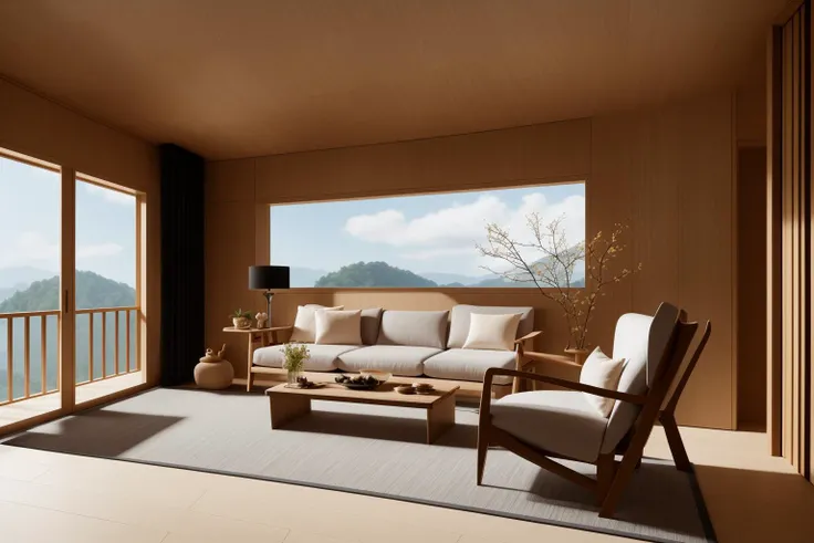 Through a digital illustration inspired by the works of Studio Ghibli, the contemporary living room designed by renowned Japanese architects comes to life. The room seamlessly blends modern aesthetics with the elegance of walnut wood, showcasing the influence of Hayao Miyazaki's imaginative storytelling. The wooden elements exude a sense of organic harmony, reflecting the mastery of Shigeru Ban's architectural vision. The color palette features a balance of muted tones and rich browns, evoking a tranquil ambiance. The characters' expressions reveal a mix of wonder and serenity, harmonizing with the ethereal atmosphere. Soft, diffused lighting bathes the scene, creating an enchanting and peaceful environment