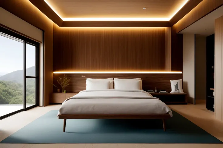 In a digital illustration that draws inspiration from the clean lines of Japanese design, the interior of a contemporary space unfolds. Crafted by renowned architects of Japan, the room showcases a seamless blend of modern aesthetics and the timeless beauty of walnut wood. The influence of Tadao Ando's minimalist architecture is evident in the harmonious balance of form and function. The color palette features neutral tones with subtle pops of natural wood, creating an atmosphere of serene sophistication. The characters in the scene exhibit a sense of appreciation for the balance between nature and modernity. Soft, diffused lighting accentuates the textures, enveloping the room in a calming and inviting glow