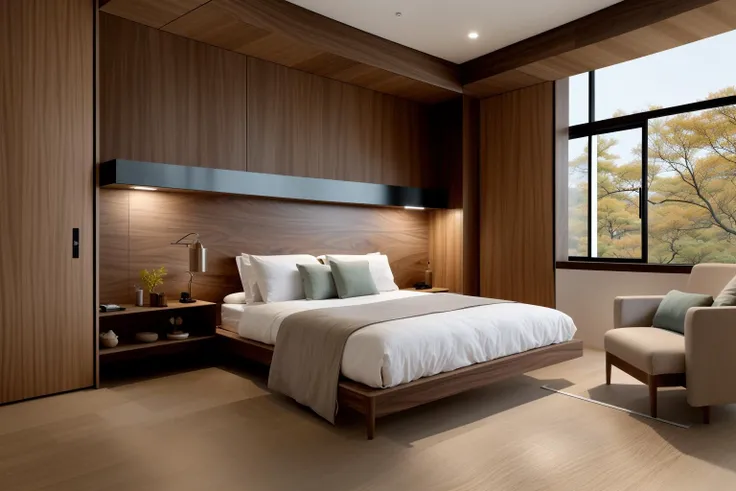 In a digital illustration that draws inspiration from the clean lines of Japanese design, the interior of a contemporary space unfolds. Crafted by renowned architects of Japan, the room showcases a seamless blend of modern aesthetics and the timeless beauty of walnut wood. The influence of Tadao Ando's minimalist architecture is evident in the harmonious balance of form and function. The color palette features neutral tones with subtle pops of natural wood, creating an atmosphere of serene sophistication. The characters in the scene exhibit a sense of appreciation for the balance between nature and modernity. Soft, diffused lighting accentuates the textures, enveloping the room in a calming and inviting glow