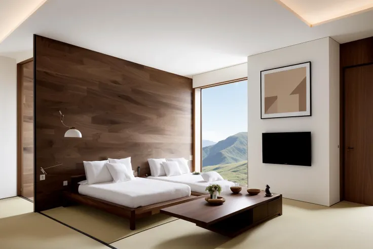 In a digital illustration that draws inspiration from the clean lines of Japanese design, the interior of a contemporary space unfolds. Crafted by renowned architects of Japan, the room showcases a seamless blend of modern aesthetics and the timeless beauty of walnut wood. The influence of Tadao Ando's minimalist architecture is evident in the harmonious balance of form and function. The color palette features neutral tones with subtle pops of natural wood, creating an atmosphere of serene sophistication. The characters in the scene exhibit a sense of appreciation for the balance between nature and modernity. Soft, diffused lighting accentuates the textures, enveloping the room in a calming and inviting glow