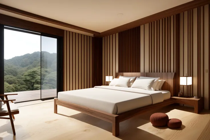 In a digital illustration that draws inspiration from the clean lines of Japanese design, the interior of a contemporary space unfolds. Crafted by renowned architects of Japan, the room showcases a seamless blend of modern aesthetics and the timeless beauty of walnut wood. The influence of Tadao Ando's minimalist architecture is evident in the harmonious balance of form and function. The color palette features neutral tones with subtle pops of natural wood, creating an atmosphere of serene sophistication. The characters in the scene exhibit a sense of appreciation for the balance between nature and modernity. Soft, diffused lighting accentuates the textures, enveloping the room in a calming and inviting glow