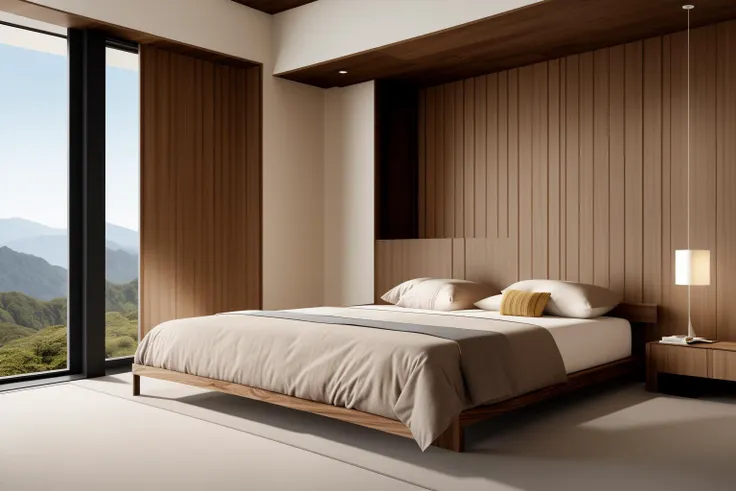 In a digital illustration that draws inspiration from the clean lines of Japanese design, the interior of a contemporary space unfolds. Crafted by renowned architects of Japan, the room showcases a seamless blend of modern aesthetics and the timeless beauty of walnut wood. The influence of Tadao Ando's minimalist architecture is evident in the harmonious balance of form and function. The color palette features neutral tones with subtle pops of natural wood, creating an atmosphere of serene sophistication. The characters in the scene exhibit a sense of appreciation for the balance between nature and modernity. Soft, diffused lighting accentuates the textures, enveloping the room in a calming and inviting glow