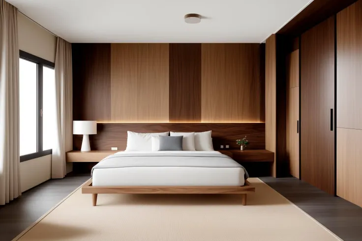 In a digital illustration that draws inspiration from the clean lines of Japanese design, the interior of a contemporary space unfolds. Crafted by renowned architects of Japan, the room showcases a seamless blend of modern aesthetics and the timeless beauty of walnut wood. The influence of Tadao Ando's minimalist architecture is evident in the harmonious balance of form and function. The color palette features neutral tones with subtle pops of natural wood, creating an atmosphere of serene sophistication. The characters in the scene exhibit a sense of appreciation for the balance between nature and modernity. Soft, diffused lighting accentuates the textures, enveloping the room in a calming and inviting glow