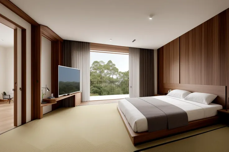 In a digital illustration that draws inspiration from the clean lines of Japanese design, the interior of a contemporary space unfolds. Crafted by renowned architects of Japan, the room showcases a seamless blend of modern aesthetics and the timeless beauty of walnut wood. The influence of Tadao Ando's minimalist architecture is evident in the harmonious balance of form and function. The color palette features neutral tones with subtle pops of natural wood, creating an atmosphere of serene sophistication. The characters in the scene exhibit a sense of appreciation for the balance between nature and modernity. Soft, diffused lighting accentuates the textures, enveloping the room in a calming and inviting glow