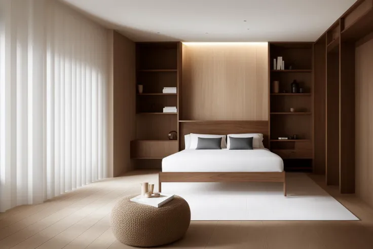 In a digital illustration that draws inspiration from the clean lines of Japanese design, the interior of a contemporary space unfolds. Crafted by renowned architects of Japan, the room showcases a seamless blend of modern aesthetics and the timeless beauty of walnut wood. The influence of Tadao Ando's minimalist architecture is evident in the harmonious balance of form and function. The color palette features neutral tones with subtle pops of natural wood, creating an atmosphere of serene sophistication. The characters in the scene exhibit a sense of appreciation for the balance between nature and modernity. Soft, diffused lighting accentuates the textures, enveloping the room in a calming and inviting glow