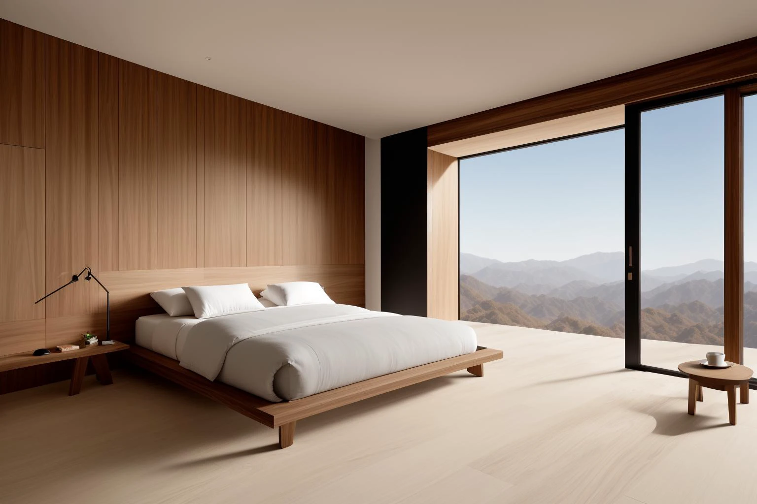 In a digital illustration that draws inspiration from the clean lines of Japanese design, the interior of a contemporary space unfolds. Crafted by renowned architects of Japan, the room showcases a seamless blend of modern aesthetics and the timeless beauty of walnut wood. The influence of Tadao Ando's minimalist architecture is evident in the harmonious balance of form and function. The color palette features neutral tones with subtle pops of natural wood, creating an atmosphere of serene sophistication. The characters in the scene exhibit a sense of appreciation for the balance between nature and modernity. Soft, diffused lighting accentuates the textures, enveloping the room in a calming and inviting glow