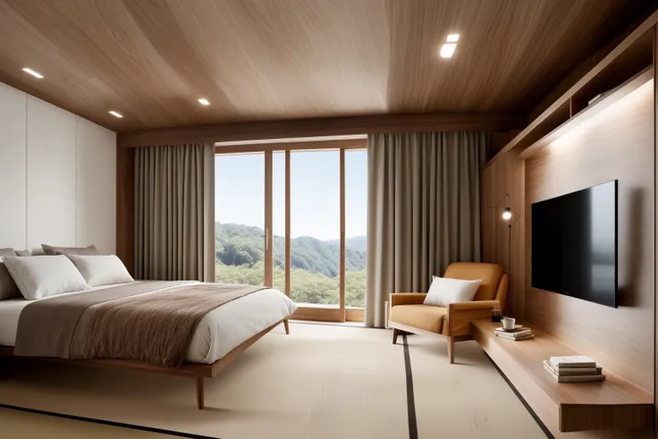 In a digital illustration that draws inspiration from the clean lines of Japanese design, the interior of a contemporary space unfolds. Crafted by renowned architects of Japan, the room showcases a seamless blend of modern aesthetics and the timeless beauty of walnut wood. The influence of Tadao Ando's minimalist architecture is evident in the harmonious balance of form and function. The color palette features neutral tones with subtle pops of natural wood, creating an atmosphere of serene sophistication. The characters in the scene exhibit a sense of appreciation for the balance between nature and modernity. Soft, diffused lighting accentuates the textures, enveloping the room in a calming and inviting glow