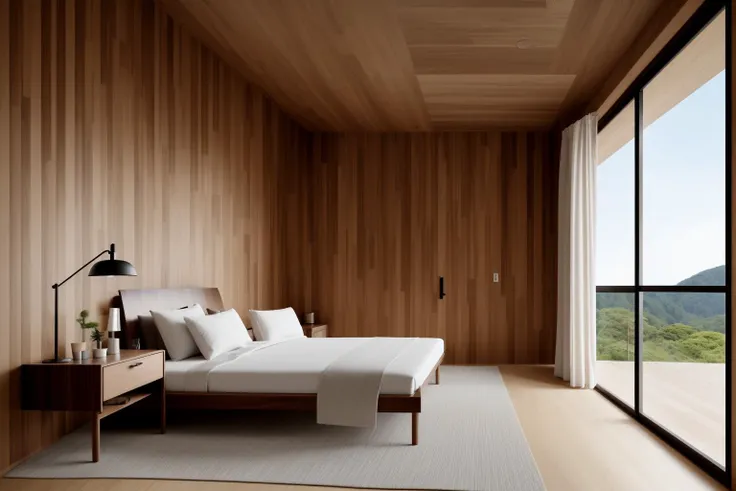 In a digital illustration that draws inspiration from the clean lines of Japanese design, the interior of a contemporary space unfolds. Crafted by renowned architects of Japan, the room showcases a seamless blend of modern aesthetics and the timeless beauty of walnut wood. The influence of Tadao Ando's minimalist architecture is evident in the harmonious balance of form and function. The color palette features neutral tones with subtle pops of natural wood, creating an atmosphere of serene sophistication. The characters in the scene exhibit a sense of appreciation for the balance between nature and modernity. Soft, diffused lighting accentuates the textures, enveloping the room in a calming and inviting glow