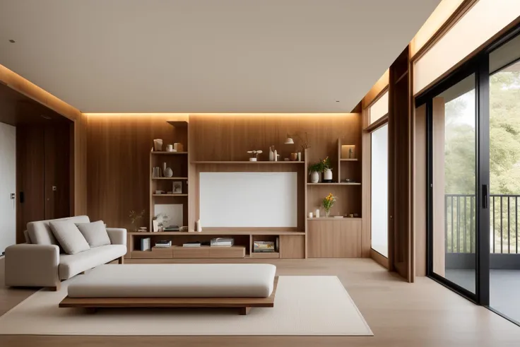 In a digital illustration that draws inspiration from the clean lines of Japanese design, the interior of a contemporary space unfolds. Crafted by renowned architects of Japan, the room showcases a seamless blend of modern aesthetics and the timeless beauty of walnut wood. The influence of Tadao Ando's minimalist architecture is evident in the harmonious balance of form and function. The color palette features neutral tones with subtle pops of natural wood, creating an atmosphere of serene sophistication. The characters in the scene exhibit a sense of appreciation for the balance between nature and modernity. Soft, diffused lighting accentuates the textures, enveloping the room in a calming and inviting glow