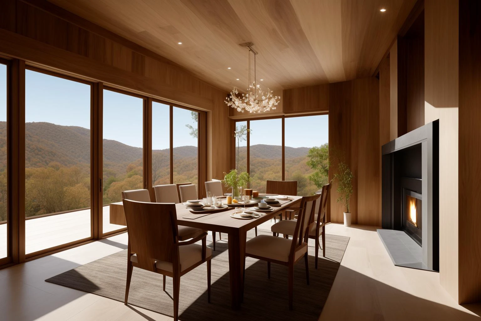Within a digital illustration that captures the essence of timeless elegance, the interior of a space designed by renowned architects unfolds. The room features the exquisite craftsmanship of walnut wood, celebrated for its rich tones and intricate grain. The design pays homage to the principles of Frank Lloyd Wright, showcasing a harmonious blend of nature and architecture. The color palette is a symphony of warm browns and earthy tones, echoing the natural beauty of wood. Characters within the scene wear expressions of wonder and appreciation for the organic yet refined surroundings. Soft, natural lighting casts gentle shadows, creating an atmosphere of cozy sophistication