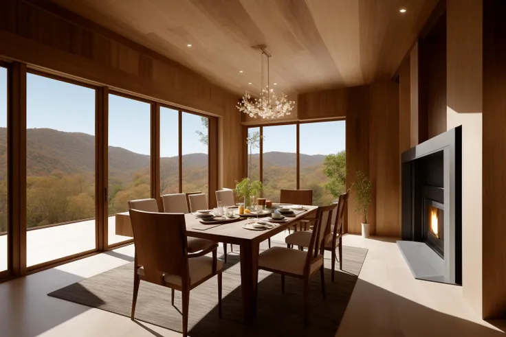 Within a digital illustration that captures the essence of timeless elegance, the interior of a space designed by renowned architects unfolds. The room features the exquisite craftsmanship of walnut wood, celebrated for its rich tones and intricate grain. The design pays homage to the principles of Frank Lloyd Wright, showcasing a harmonious blend of nature and architecture. The color palette is a symphony of warm browns and earthy tones, echoing the natural beauty of wood. Characters within the scene wear expressions of wonder and appreciation for the organic yet refined surroundings. Soft, natural lighting casts gentle shadows, creating an atmosphere of cozy sophistication