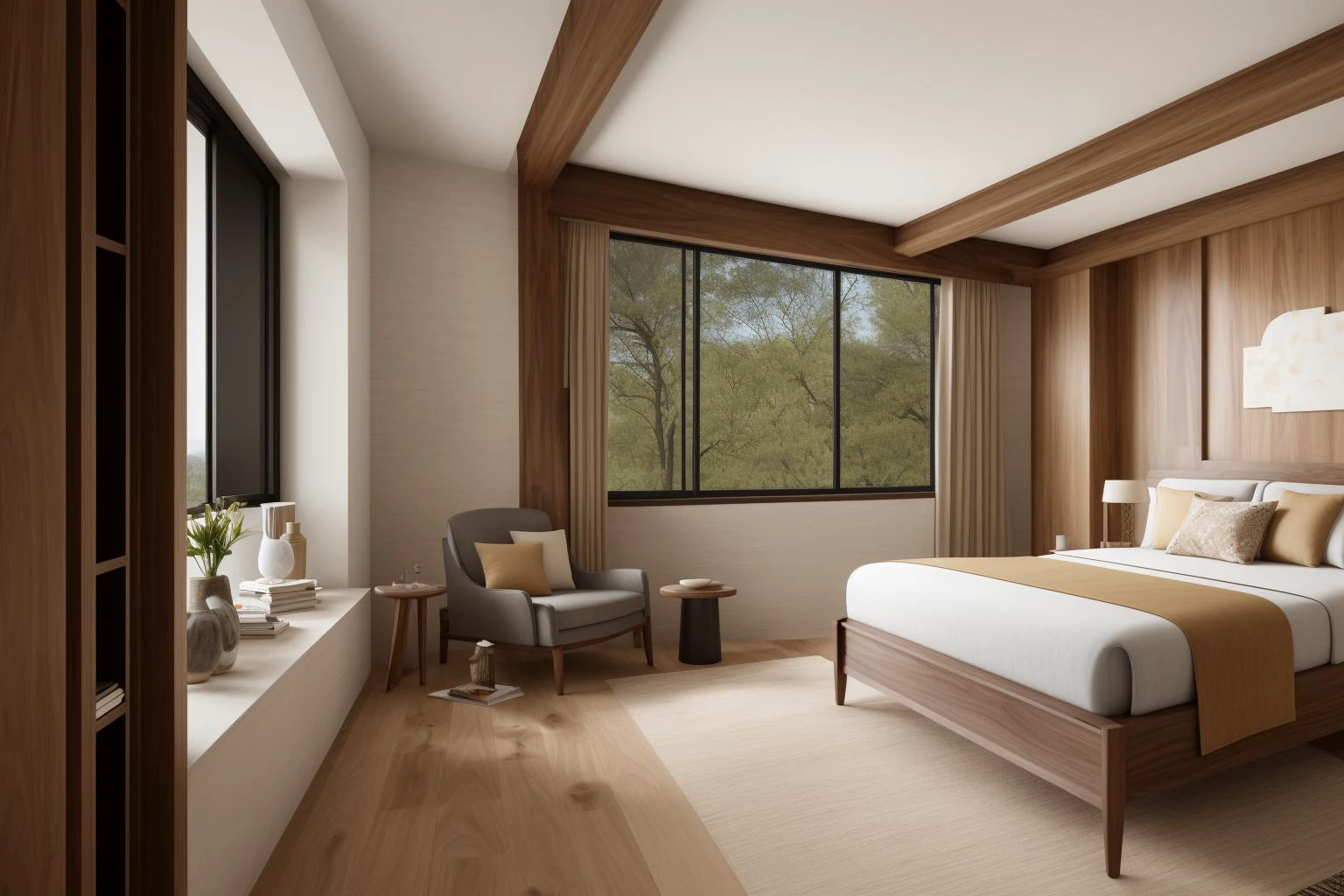 Within a digital illustration that captures the essence of timeless elegance, the interior of a space designed by renowned architects unfolds. The room features the exquisite craftsmanship of walnut wood, celebrated for its rich tones and intricate grain. The design pays homage to the principles of Frank Lloyd Wright, showcasing a harmonious blend of nature and architecture. The color palette is a symphony of warm browns and earthy tones, echoing the natural beauty of wood. Characters within the scene wear expressions of wonder and appreciation for the organic yet refined surroundings. Soft, natural lighting casts gentle shadows, creating an atmosphere of cozy sophistication
