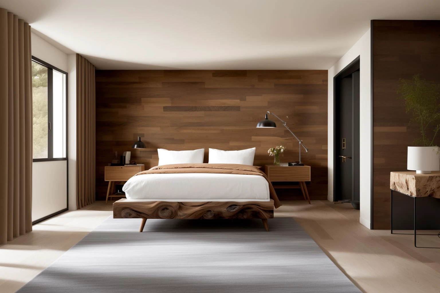 Within a digital illustration that captures the essence of timeless elegance, the interior of a space designed by renowned architects unfolds. The room features the exquisite craftsmanship of walnut wood, celebrated for its rich tones and intricate grain. The design pays homage to the principles of Frank Lloyd Wright, showcasing a harmonious blend of nature and architecture. The color palette is a symphony of warm browns and earthy tones, echoing the natural beauty of wood. Characters within the scene wear expressions of wonder and appreciation for the organic yet refined surroundings. Soft, natural lighting casts gentle shadows, creating an atmosphere of cozy sophistication