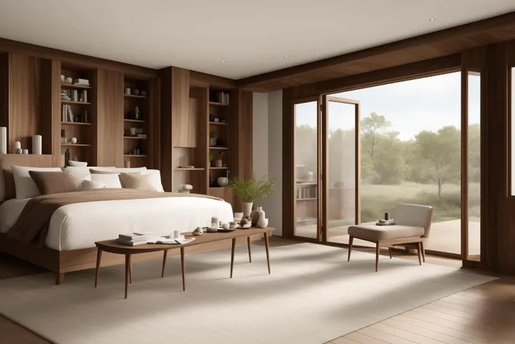 Within a digital illustration that captures the essence of timeless elegance, the interior of a space designed by renowned architects unfolds. The room features the exquisite craftsmanship of walnut wood, celebrated for its rich tones and intricate grain. The design pays homage to the principles of Frank Lloyd Wright, showcasing a harmonious blend of nature and architecture. The color palette is a symphony of warm browns and earthy tones, echoing the natural beauty of wood. Characters within the scene wear expressions of wonder and appreciation for the organic yet refined surroundings. Soft, natural lighting casts gentle shadows, creating an atmosphere of cozy sophistication