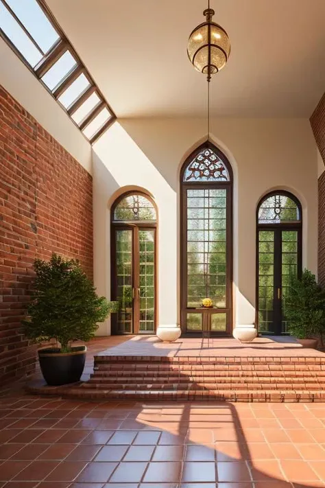 masterpiece, brick, interior pool, pleasant sunlight, perfect European style architecture, tranquil, pleasant, Unreal Engine, CGI render, Hyperdetailed, vivid colors, sunlight,