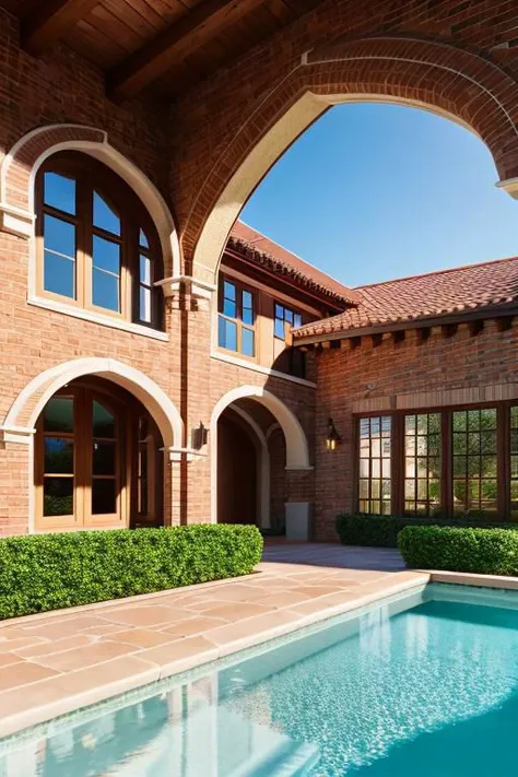 masterpiece, brick, interior pool, pleasant sunlight, perfect European style architecture, tranquil, pleasant, Unreal Engine, CGI render, Hyperdetailed, vivid colors, sunlight,