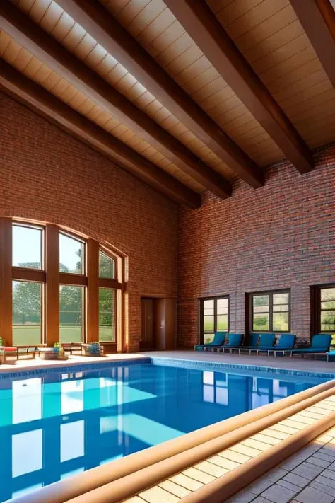 masterpiece, brick, interior, indoor pool, pleasant sunlight, perfect European style architecture, tranquil, pleasant, Unreal Engine, CGI render, Hyperdetailed, vivid colors, sunlight,