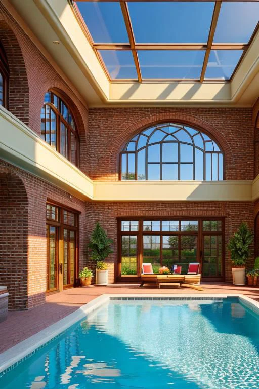 masterpiece, brick, interior, indoor pool, pleasant sunlight, perfect European style architecture, tranquil, pleasant, Unreal Engine, CGI render, Hyperdetailed, vivid colors, sunlight,