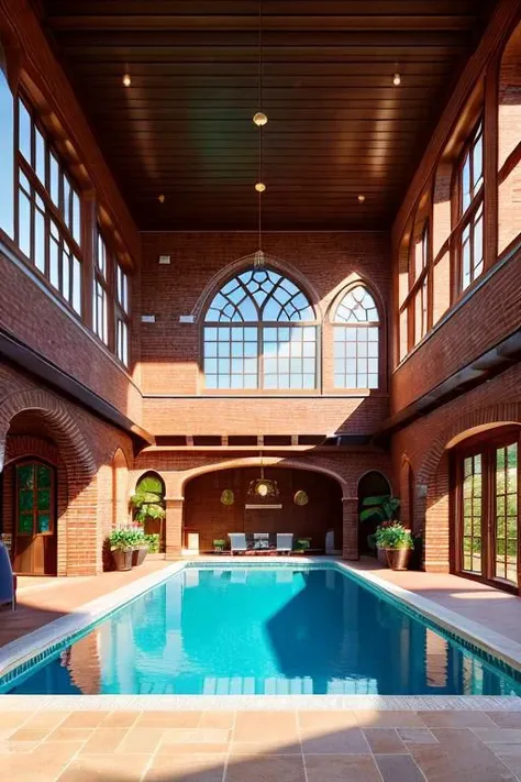 masterpiece, brick, interior, indoor pool, pleasant sunlight, perfect European style architecture, tranquil, pleasant, Unreal Engine, CGI render, Hyperdetailed, vivid colors, sunlight,