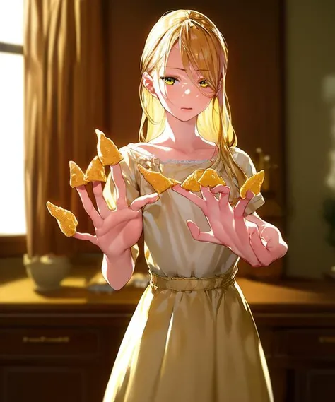 best quality, ultra detailed, illustration, an extremely delicate and beautiful,realistic,4k,
my room,
1girl,18years old,standing,shirt,blond hair, hand in front,hands focus,
 <lora:tongaricorn:1>tongaricorn,5fingers in yellow snack