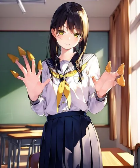 best quality, ultra detailed, illustration, an extremely delicate and beautiful,realistic,4k,
classroom,
1girl,18years old,standing,school uniform, hand in front,hands focus,
<lora:tongaricorn:1>tongaricorn,fingers in yellow snack