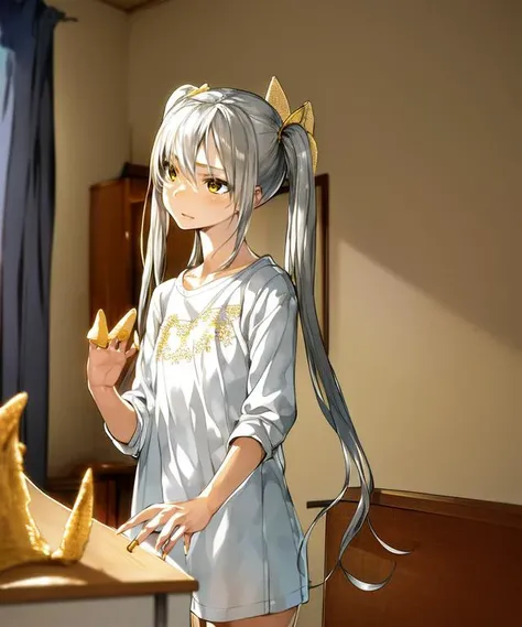 best quality, ultra detailed, illustration, an extremely delicate and beautiful,realistic,4k,
my room,
1girl,18years old,standing,shirt,twintail silver, hand in front,hands focus,
<lora:tongaricorn:1>tongaricorn,5fingers in yellow snack