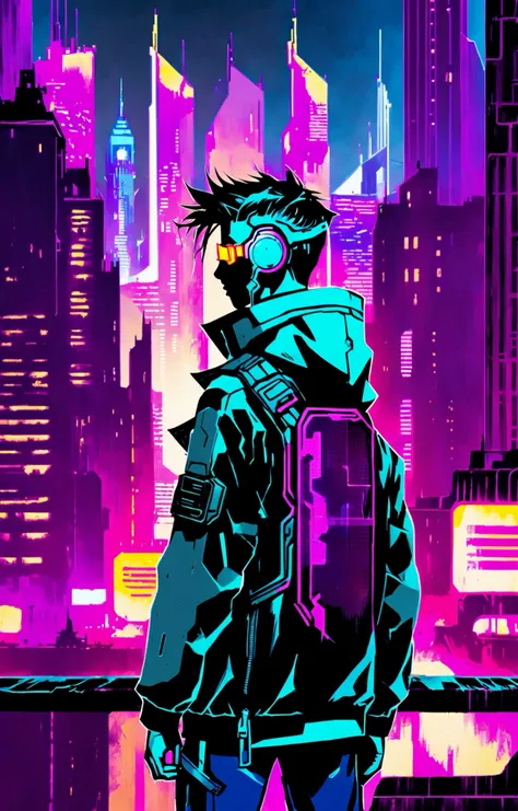 cyberpunk boy, city in background, masterpiece, 8k, finest details, best quality, ambient light, low contrast, soft shadows, ambient light, cptrt style <lora:cptrt-step00002000:0.9>