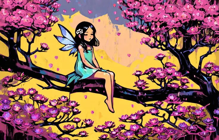 <lora:cptrt-step00002000:1> cptrt style, tiny fairy girl with small wings, sitting on a branch in a blossom tree