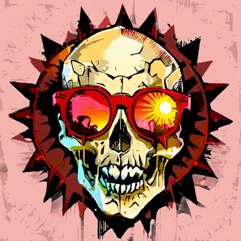 logo of a laughing skull wearing sun glasses, red tint, spikes, <lora:cptrt-step00002000:1> cptrt style