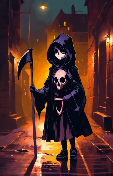cute girl as reaper, dark street, masterpiece, 8k, finest details, best quality, ambient light, low contrast, soft shadows, imperfections, ambient light, dark cellar, cptrt style <lora:cptrt-step00002000:0.9>
