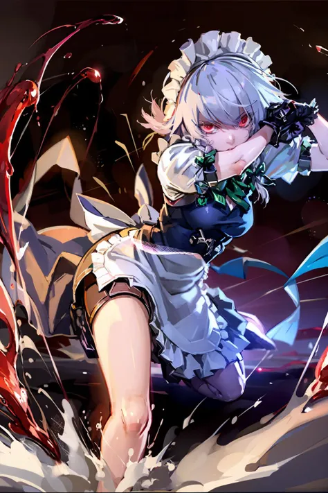 masterpiece, best quality, <lora:sakuya:1>,<lora:lq:0.8>,1girl, izayoi sakuya, solo, red eyes, knife, braid, twin braids, short hair, all fours, white hair, grey hair, glowing eyes, maid, blood, maid headdress, glowing, perspective, weapon, gloves