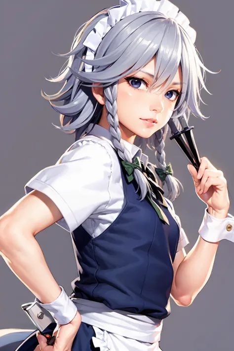 masterpiece, best quality, <lora:sakuya:1>,1girl, smile,izayoi sakuya, knife, blue eyes, maid headdress, braid, grey hair, maid, twin braids, short hair, wrist cuffs, bow, hair bow, holding, short sleeves, weapon, ribbon, apron,holding knife, (grey background:1.2),(kbxll:0.6)
