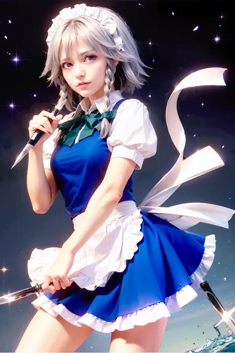 masterpiece, best quality, <lora:sakuya:1>,1girl, izayoi sakuya, solo, knife, blue eyes, maid headdress, braid, grey hair, maid, twin braids, short hair, wrist cuffs, bow, hair bow, holding, short sleeves,  weapon, ribbon, apron,holding knife