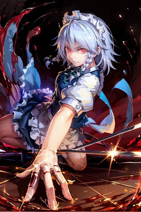 masterpiece, best quality, <lora:sakuya:1>,<lora:lq:0.5>,1girl, izayoi sakuya, solo, red eyes, knife, braid, twin braids, short hair, all fours, white hair, grey hair, glowing eyes, maid, blood, maid headdress, glowing, perspective, weapon, gloves