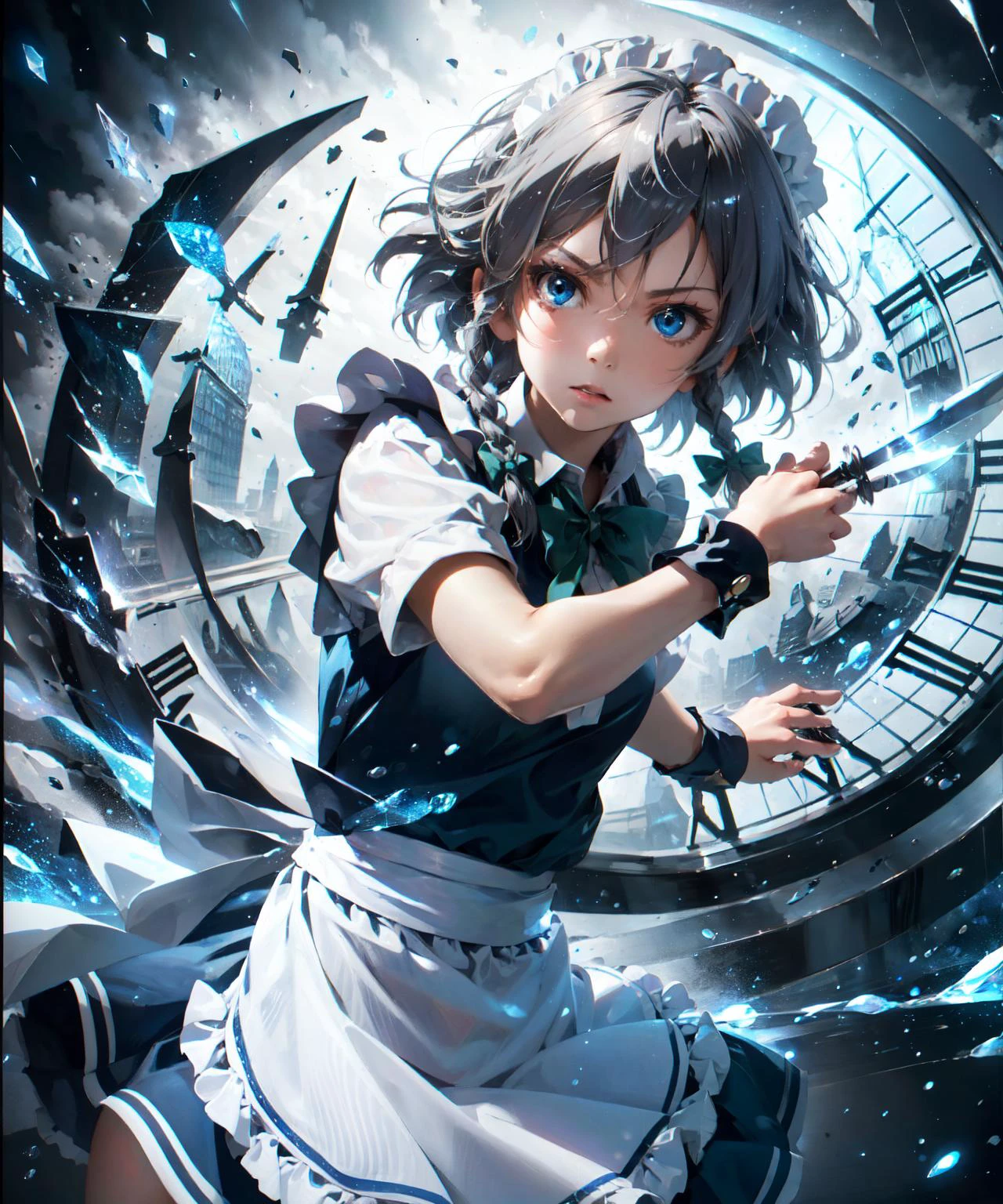 (8k, masterpiece, best quality, high resolution), fantasy,
cute face, kawaii, cute, very big eyes, Aesthetic Anime Eyes, small face,
1girl, solo,
<lora:sakuya:0.9> izayoi sakuya,
blue eyes, maid headdress, braid, grey hair, maid, twin braids, short hair, wrist cuffs, bow, hair bow, short sleeves, ribbon, apron,
holding knife,
<lora:ClockRealm:0.8> clock,
serious,
(light particles),motion lines ,dynamic angle, battle, wind, fighting,
(cowboy shot), looking at viewer,