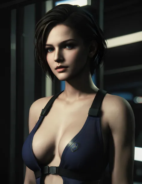 jill valentine, beautiful woman, sexy woman, perfect breast, ((half body)), (looking at viewer:1.1), night street, by Conor Harrington