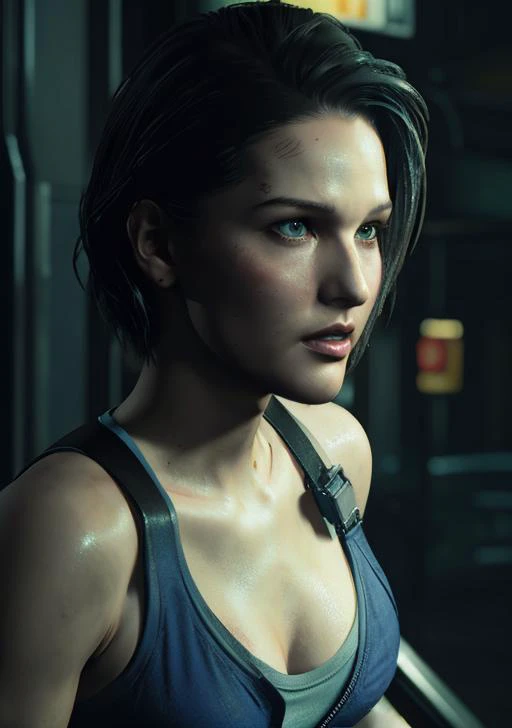 jill valentine, beautiful woman, sexy woman, perfect breast, ((half body)), (looking at viewer:1.1), night street, by Conor Harrington <lora:Jill_V:0.7>