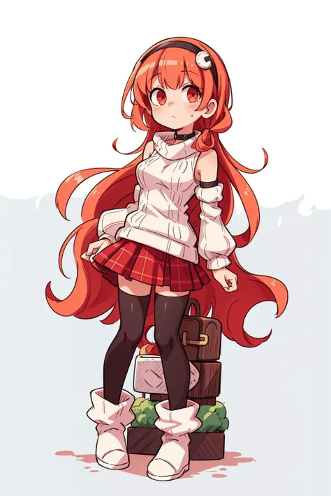((best quality, masterpiece)),
solo, 1girl, full body, standing, <lora:compa_v2-000009:0.8>, compa, hairband, choker, white sweater, aran sweater, cable knit, detached sleeves, plaid skirt, pleated skirt, red skirt, black thighhighs, white footwear, boots
<lora:more_details:0.5>