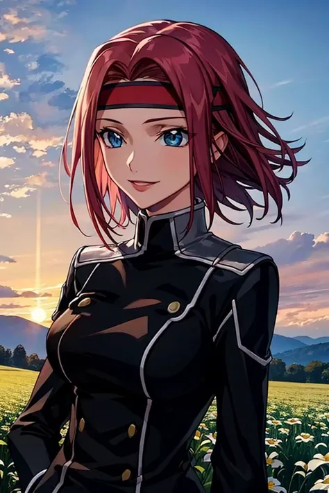 (best quality, masterpiece:1.3),kallencodegeass,(blackknightuniform,:1.3), extremely detailed,solo,1girl,(colorful),(finely detailed beautiful eyes and detailed face),blue eyes,red hair,cinematic lighting,extremely detailed CG unity 8k wallpaper,solo,smile,(Flowery meadow) sky, cloudy_sky, sunlight, sun,(cowboy shot:1.3),flipped hair, red headband