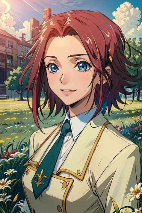 (best quality, masterpiece:1.3),kallencodegeass,(schooluniform:1.3), extremely detailed,solo,1girl,(colorful),(finely detailed beautiful eyes and detailed face),blue eyes,red hair,cinematic lighting,extremely detailed CG unity 8k wallpaper,solo,smile,(Flowery meadow) sky, cloudy_sky, sunlight, sun,(cowboy shot:1.3)