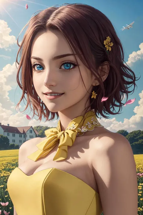 (best quality, masterpiece:1.3),kallencodegeass,(yellow formaldress:1.3), extremely detailed,solo,1girl,(colorful),(finely detailed beautiful eyes and detailed face),blue eyes,red hair,cinematic lighting,extremely detailed CG unity 8k wallpaper,solo,smile,((flying petal)),(Flowery meadow) sky, cloudy_sky, building, sunlight, sun ,<lora:KallenLoraV3_32dim_16alpha_7e-5lr:0.5>
