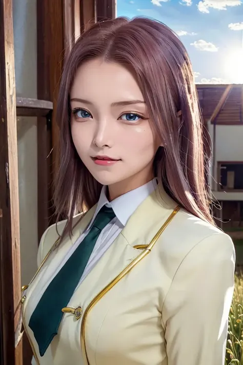 (best quality, masterpiece:1.3),kallencodegeass,(schooluniform:1.3), extremely detailed,solo,1girl,(colorful),(finely detailed beautiful eyes and detailed face),blue eyes,red hair,cinematic lighting,extremely detailed CG unity 8k wallpaper,solo,smile,(Flowery meadow) sky, cloudy_sky, sunlight, sun,(cowboy shot:1.3)