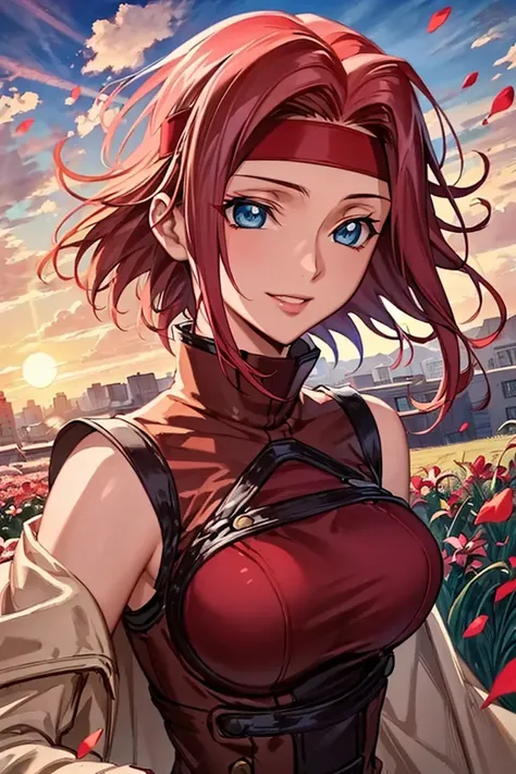 (best quality, masterpiece:1.3),kallencodegeass,(workclothes:1.3), extremely detailed,1girl,(colorful),(finely detailed beautiful eyes and detailed face),blue eyes,red hair,cinematic lighting,extremely detailed CG unity 8k wallpaper,solo,smile,((flying petal)),(Flowery meadow) sky, cloudy_sky, building, sunlight, sun,(cowboy shot:1.3),(red headband:1.3)