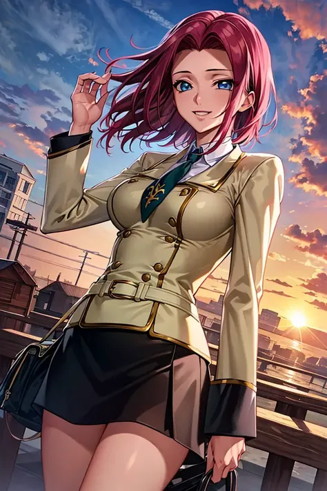 (best quality, masterpiece:1.3),kallencodegeass,(schooluniform:1.3), extremely detailed,solo,1girl,(colorful),(finely detailed beautiful eyes and detailed face),blue eyes,red hair,cinematic lighting,extremely detailed CG unity 8k wallpaper,solo,smile,(Flowery meadow) sky, cloudy_sky, sunlight, sun,(cowboy shot:1.3)