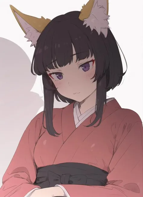 1girl, traditional clothes, kimono, black hair, hime cut, blunted bangs, expressionless, gradient eyes, perfect skin, perfect lighting, simple background, bedroom eyes, cat_ears, :3, 
<lora:homebrew_mdf_an-000006:0.8>,