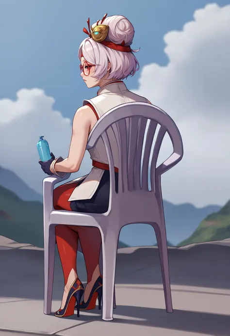 score_9, score_8_up, score_7_up, source_anime, plastic chair, sitting, <lora:PlasticChair_XLPD:1.1>, leaning, 1girl, from behind, outdoors, clouds, cliff, full body, <lora:purah-pdxl-nvwls-v1:0.8> purah, hair ornament, red headband, red glasses, sleeveless shirt, white coat, black skirt, red leggings, gloves, high heels, crossed legs, looking back, from side,