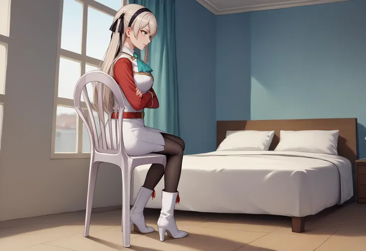 score_9, score_8_up, score_7_up, source_anime, wide shot, indoors, hotel, hotel room, 
BREAK plastic chair, sitting, full-length portrait, <lora:PlasticChair_XLPD-000006:1>, leaning, 1girl, <lora:elie-pdxl-nvwls-v1:1> zeroElie, black hairband, hair ribbon, long hair, ascot, uniform, long red sleeves, white dress, pencil skirt, belt, black pantyhose, white boots, floor, from side, crossed arms, 
BREAK bed,