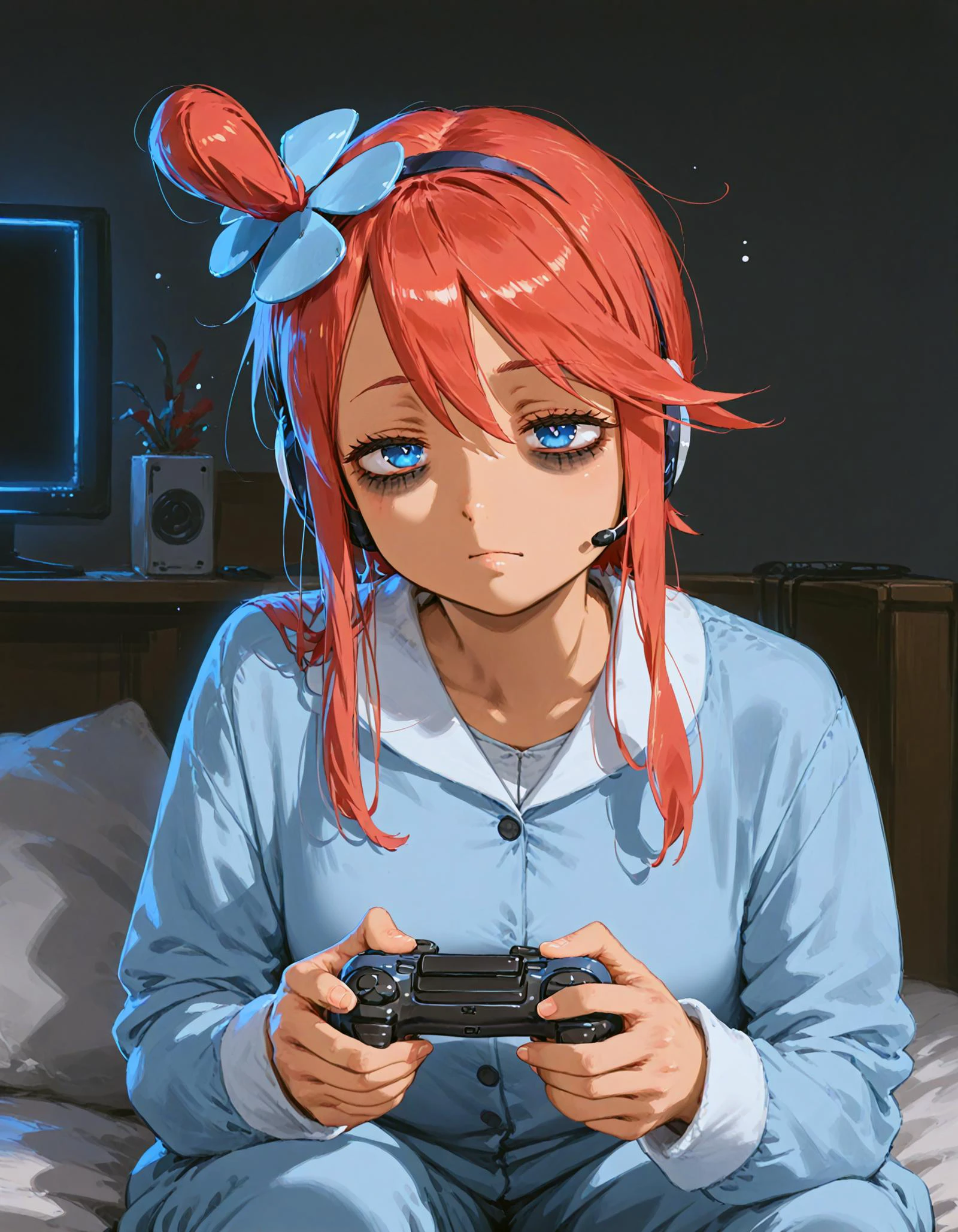 score_9, score_8_up, score_7_up, <lora:Hyper8:1> <lora:fixhands:1> source_anime, rating_safe BREAK 1girl,
skyla \(pokemon\), red hair, blue eyes, sidelocks, one side up, wearing headset, <lora:pajams_Pony_V1.1:0.6> wearing pajamas, sleepy, yawning,messy hair,
<lora:controller_pony-000009:0.85> , monitor, playing game, holding controller, bags under eyes, tired, half-closed eyes, dark room
<lora:ponyRealistic_v1-gamma:-0.5>
<lora:2.5DRealistic:-0.5> <lora:sdxl-eye_kuma_01:2>