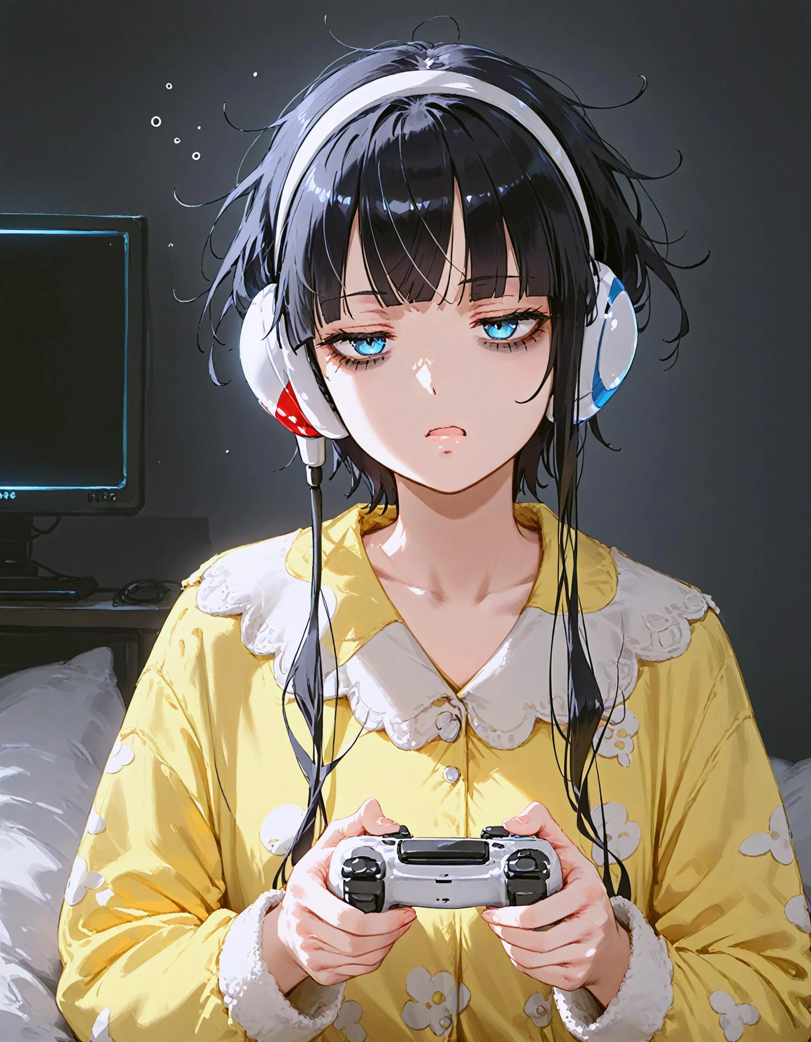 score_9, score_8_up, score_7_up, <lora:Hyper8:1> <lora:fixhands:1> source_anime, rating_safe BREAK 1girl,
elesa \(pokemon\), pokemon bw2, blue eyes, black hair, sidelocks, headphones, wearing headset, <lora:pajams_Pony_V1.1:0.6> wearing pajamas, sleepy, yawning,messy hair,
<lora:controller_pony-000009:0.85> , monitor, playing game, holding controller, bags under eyes, tired, half-closed eyes, dark room
<lora:ponyRealistic_v1-gamma:-0.5>
<lora:2.5DRealistic:-0.5> <lora:sdxl-eye_kuma_01:2>